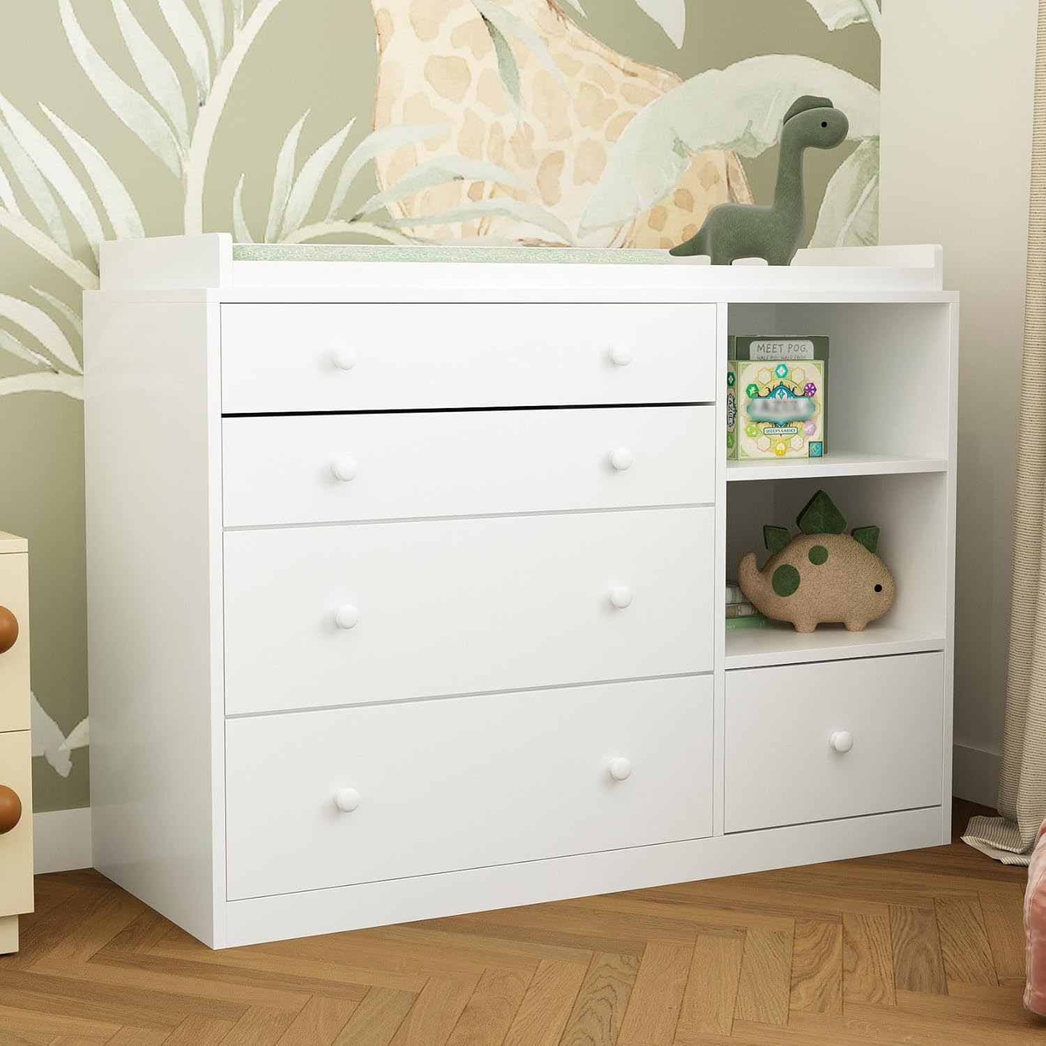 Timechee Changing Table Dresser, Baby Classic Nursery Dresser with 5 Drawers and 2 Shelves, Multi-Functional Baby Changing Table, Diaper Changing Station for Children's Room, White