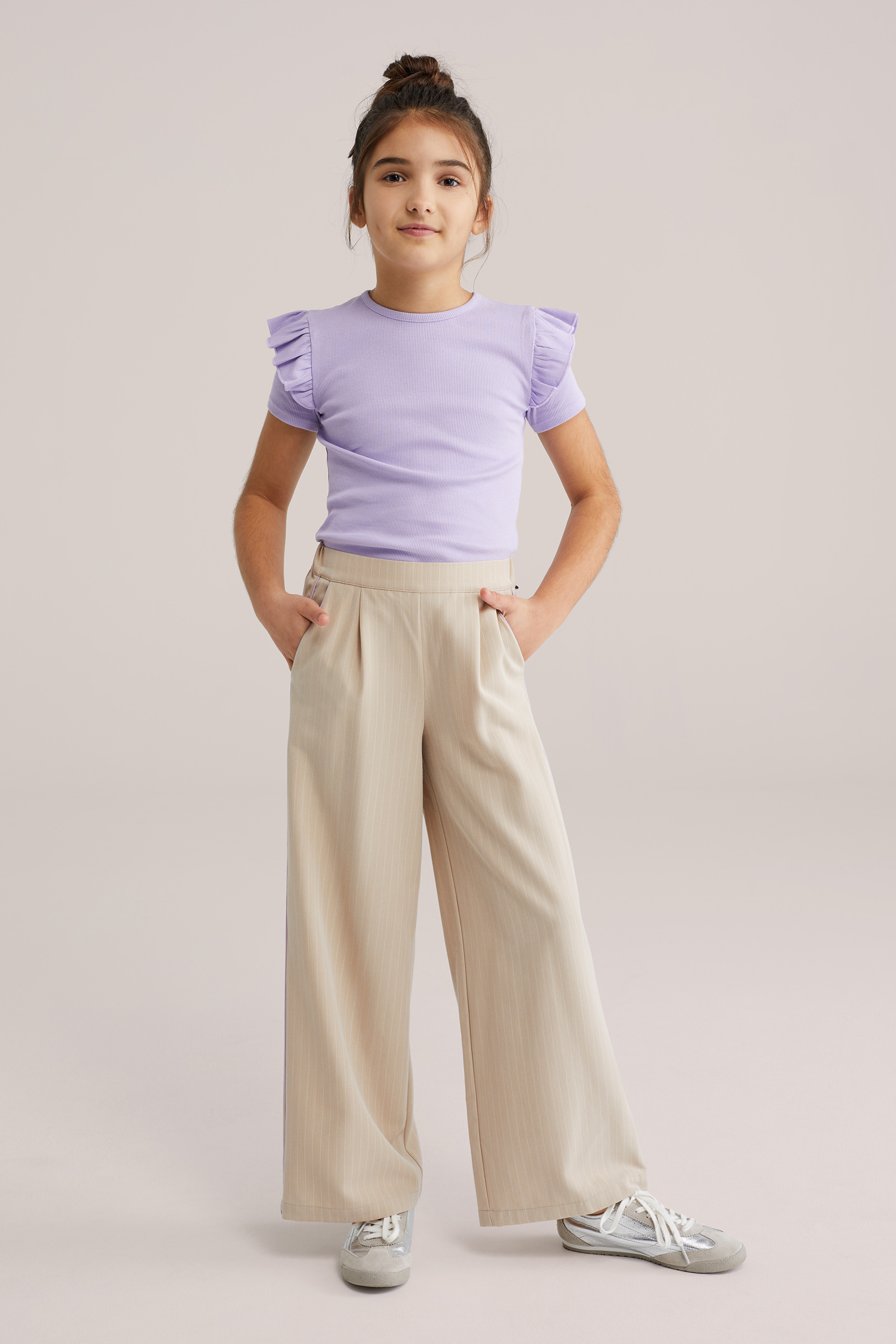 Meisjes wide leg broek met krijtstreep en contrast