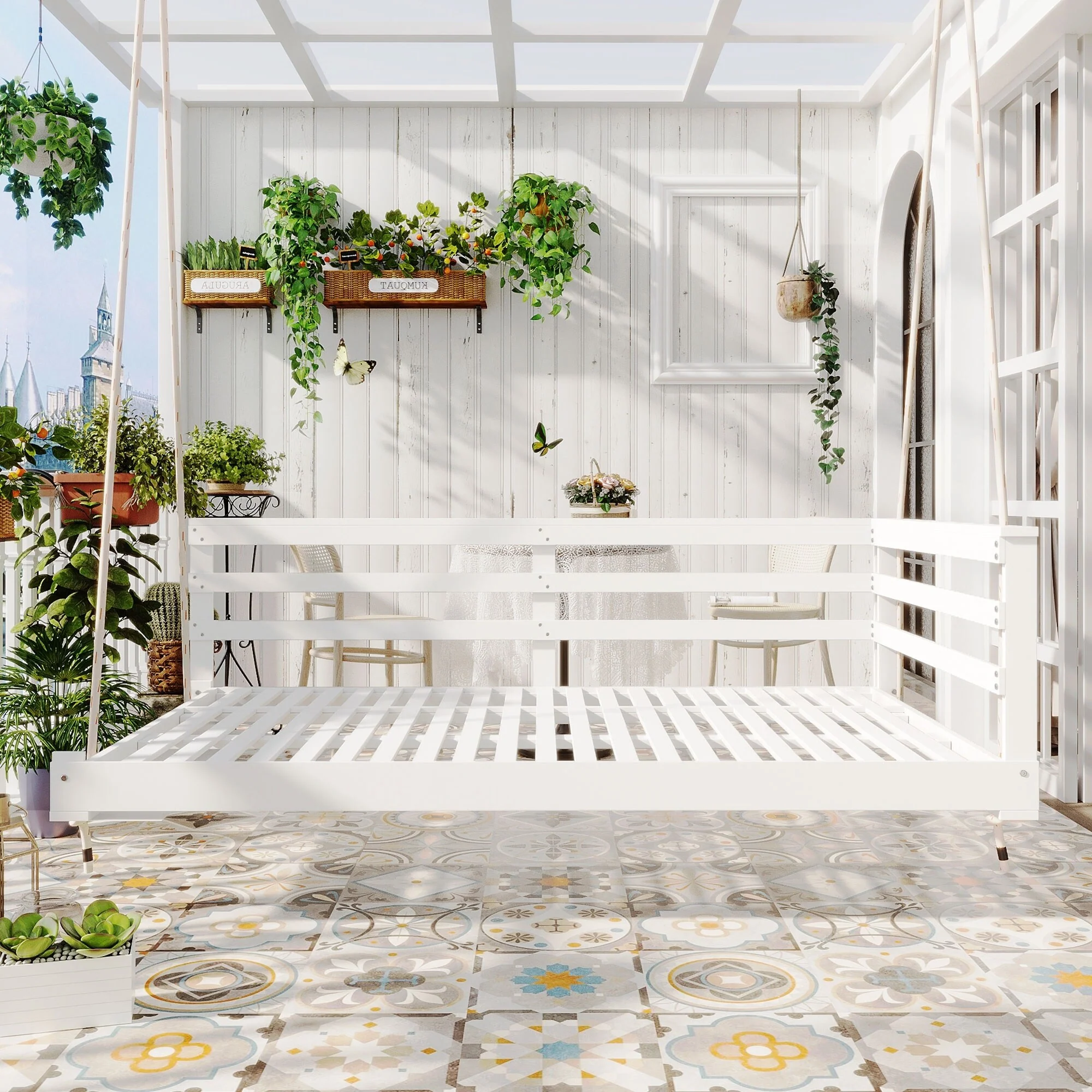 Country Patio Wooden Twin Size Swing Daybed Porch Swing Frame with 4pcs 96-inch Hemp Ropes for Backyard, Garden