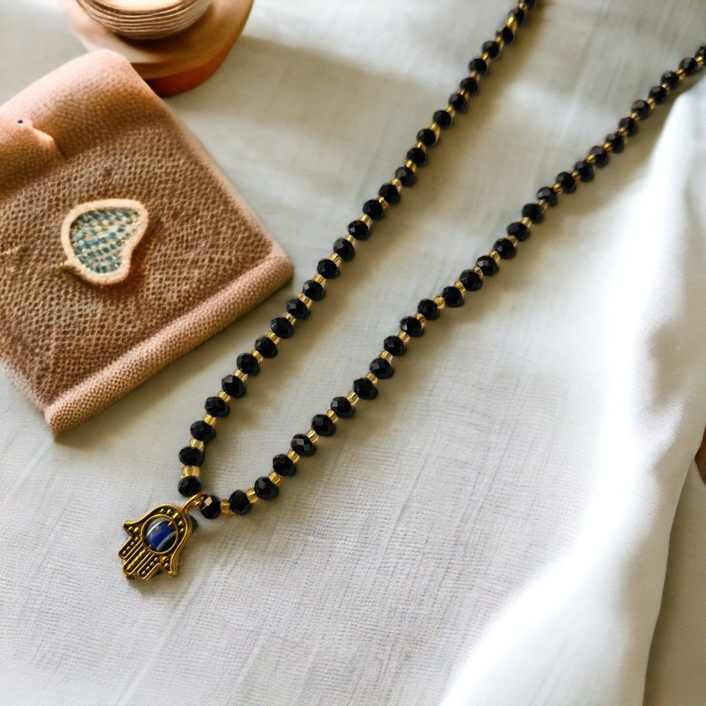 The Colourful Aura Black Crystal Gold Beaded Hamsa Mangalsutra Pendant Elegant Necklace