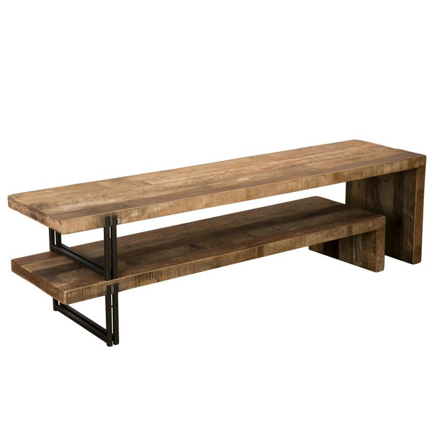 ALIDA - Meuble TV 2 niveaux en teck recyclé acacia mahogany métal noir