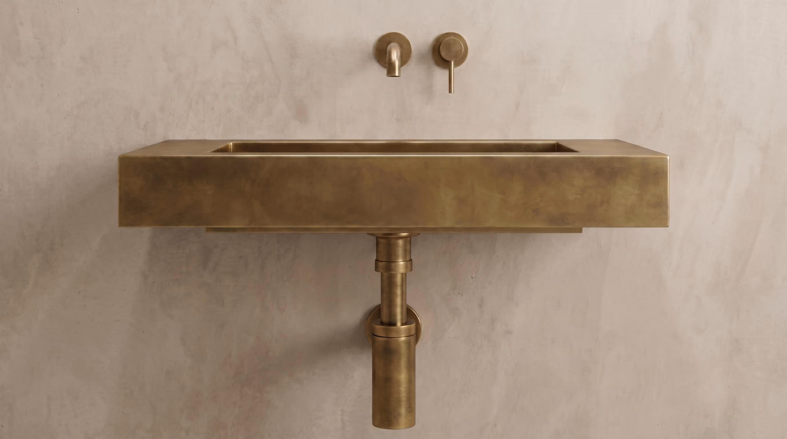 Aged Brass Wall Mounted Sink, Handmade Rectangular Bathroom Basin, Luxury Powder Room Sink With Faucet & Bottle Trap