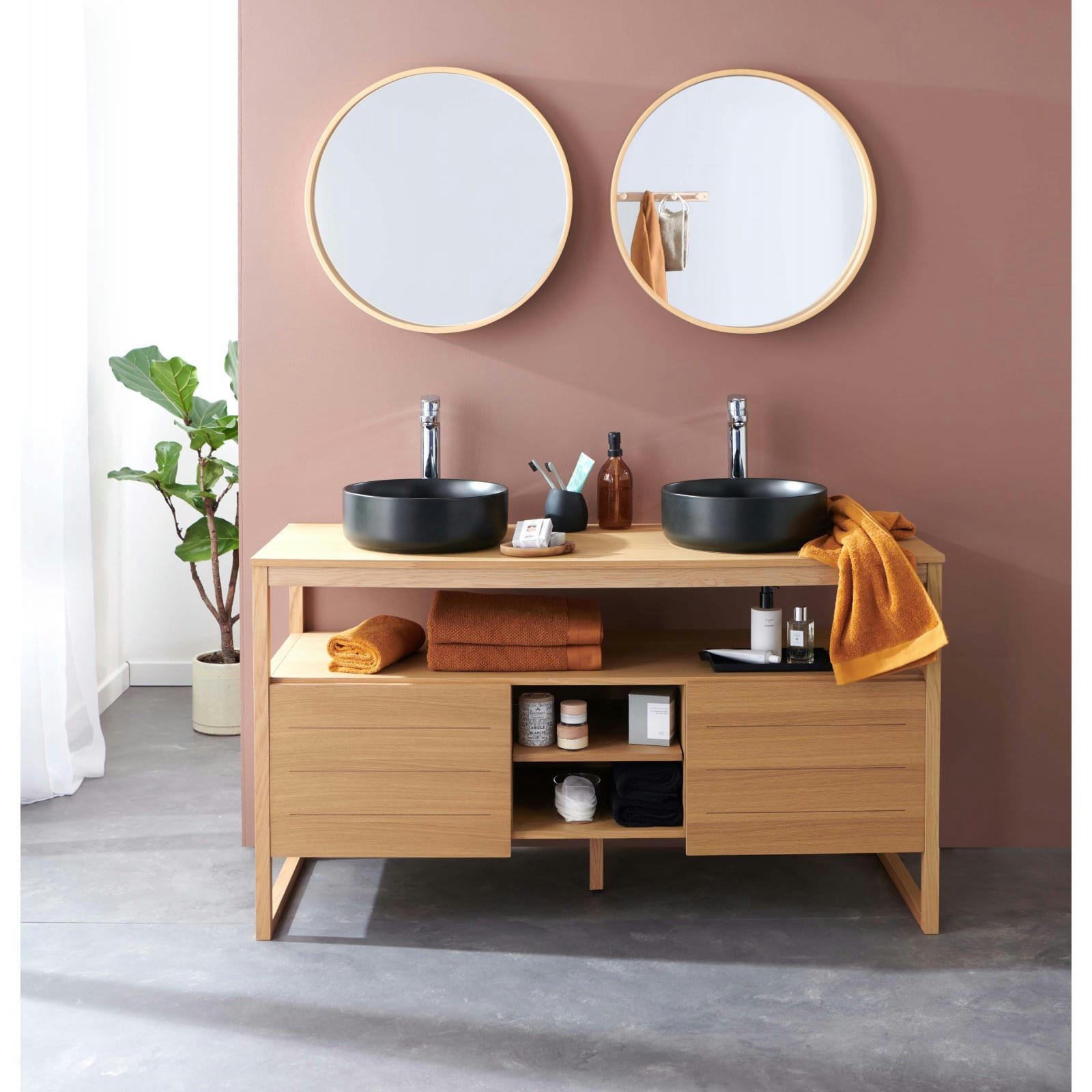 ATOLL - Meuble sous vasque plaqué chêne naturel  140cm + vasque noire + miroir