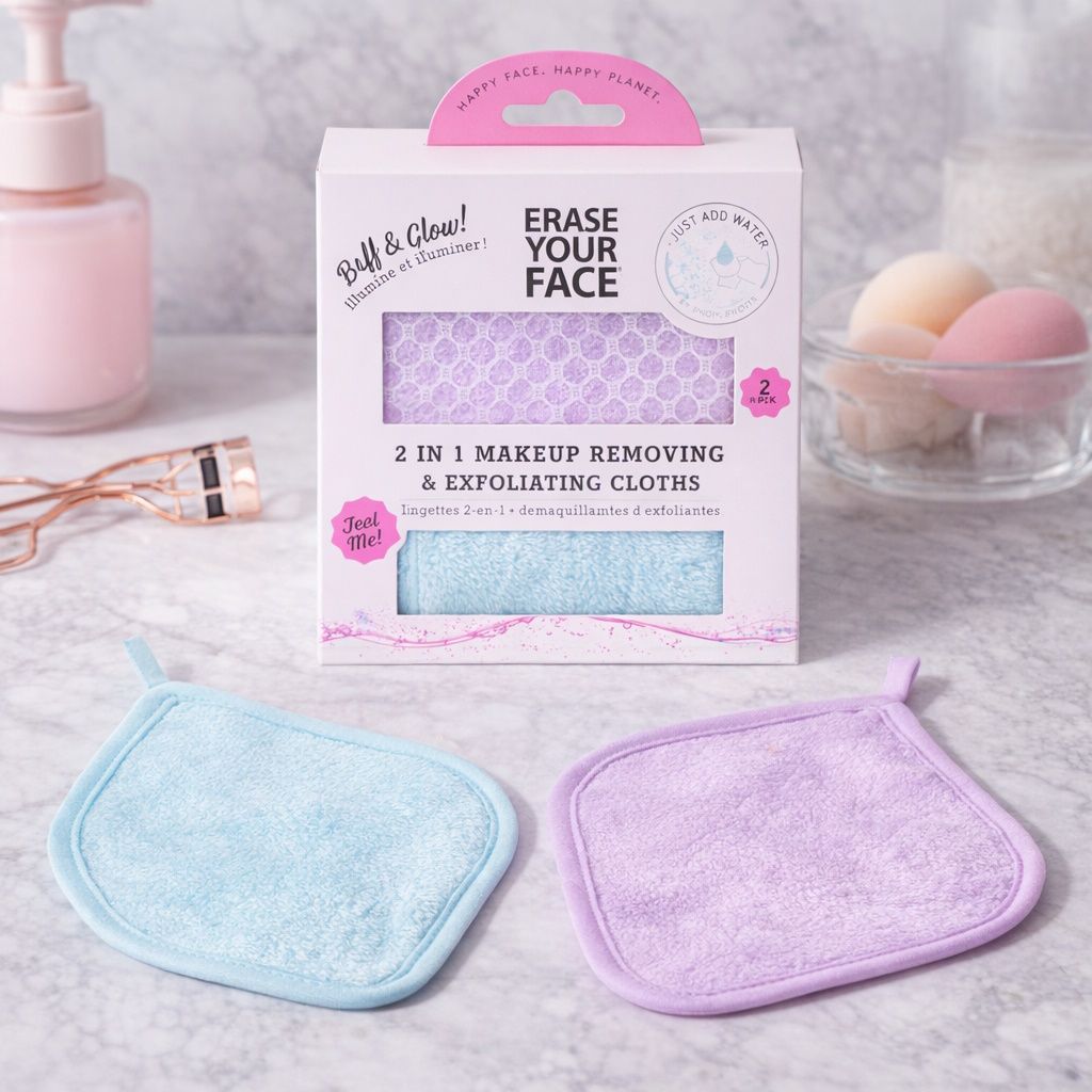 Erase Your Face 2 in 1 Make Up Removing & Exfoliating Cloths - 2 Pack