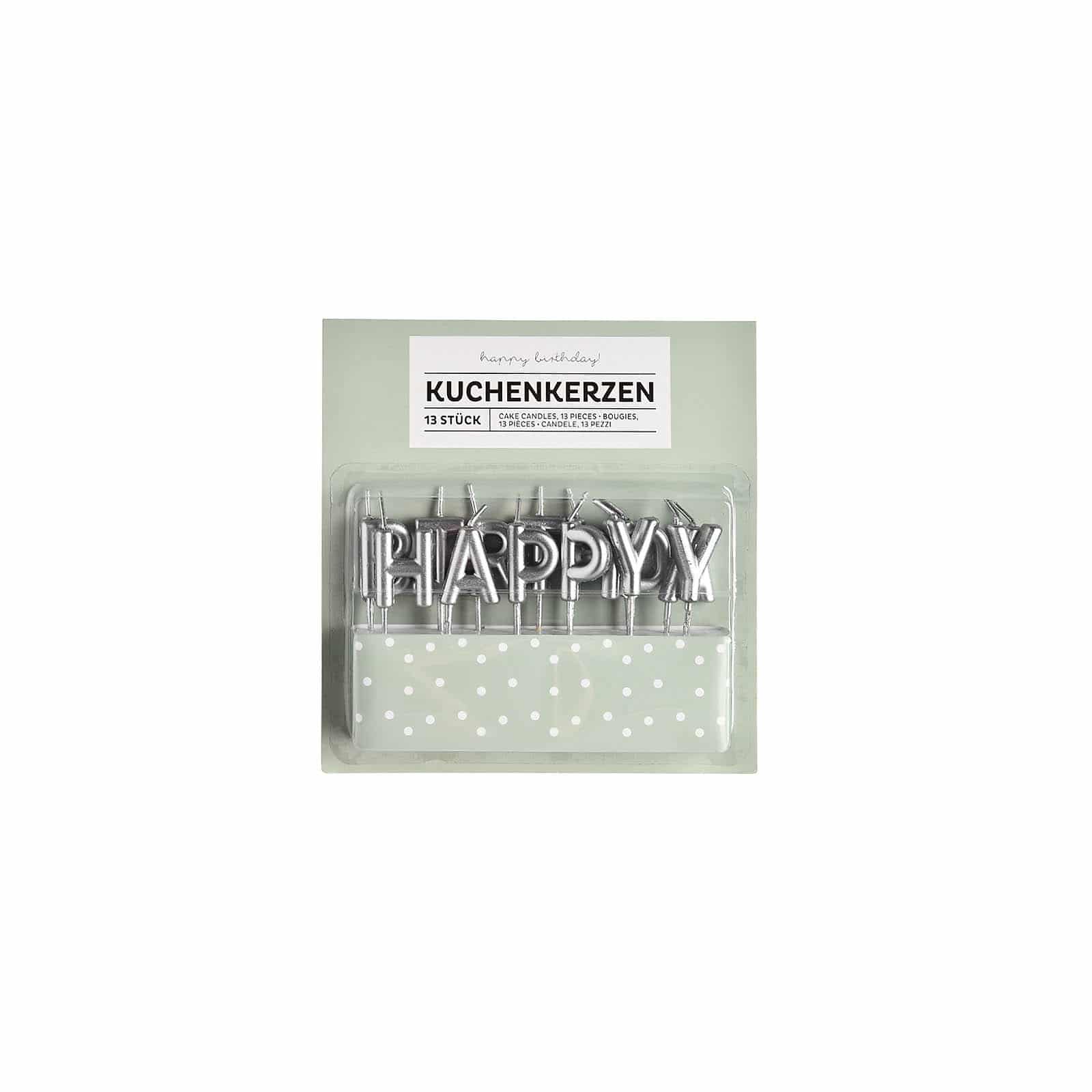 Kuchenkerzen-Set Happy Birthday Silber,H 100 mm, 13 -tlg.