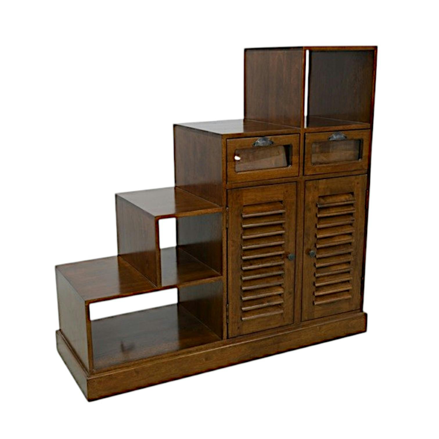 Meuble Escalier double face Hévéa 2 portes persiennes, 2 tiroirs, 3 niches, 105x40x102cm MAORI