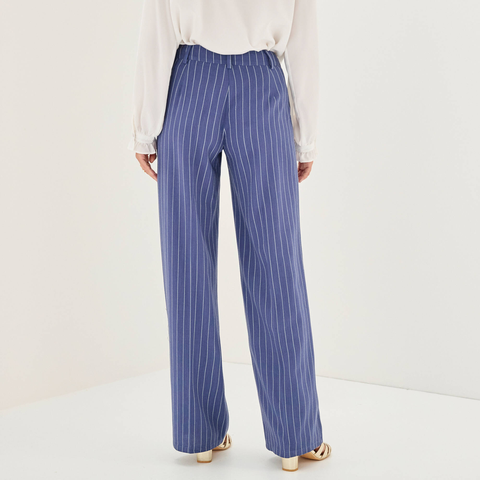 Pantalon large fluide rayé, viscose-lin