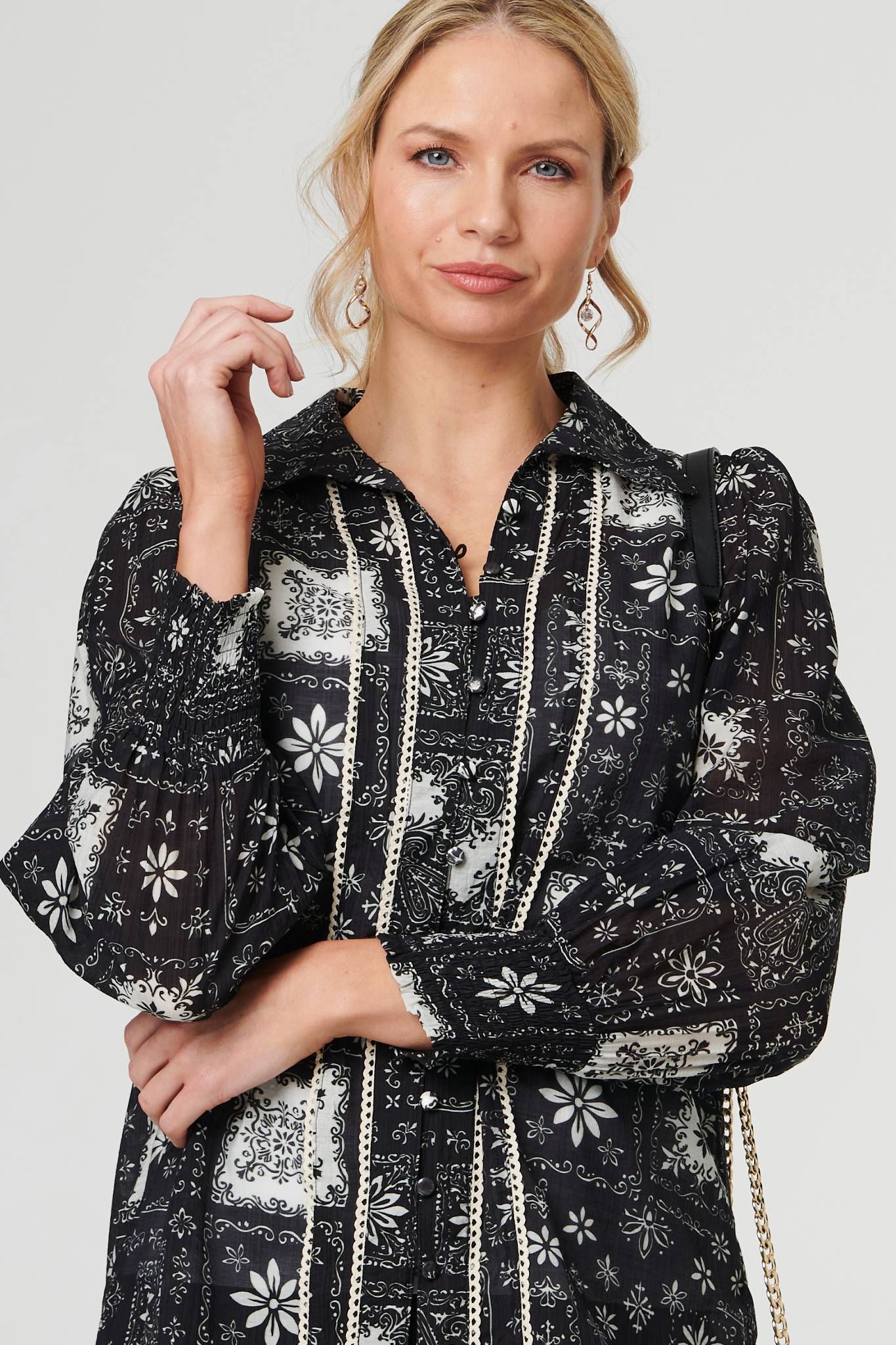 Izabel London Mosaic Print Button-Up Semi Sheer Shirt