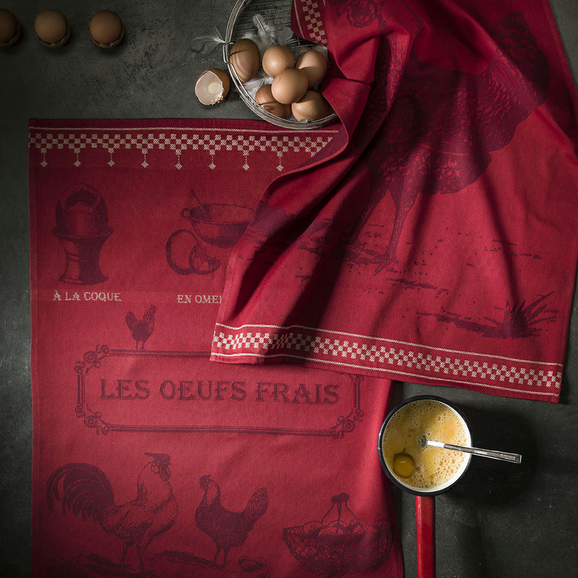 ŒUFS FRAIS - Torchon en coton rouge 50x75