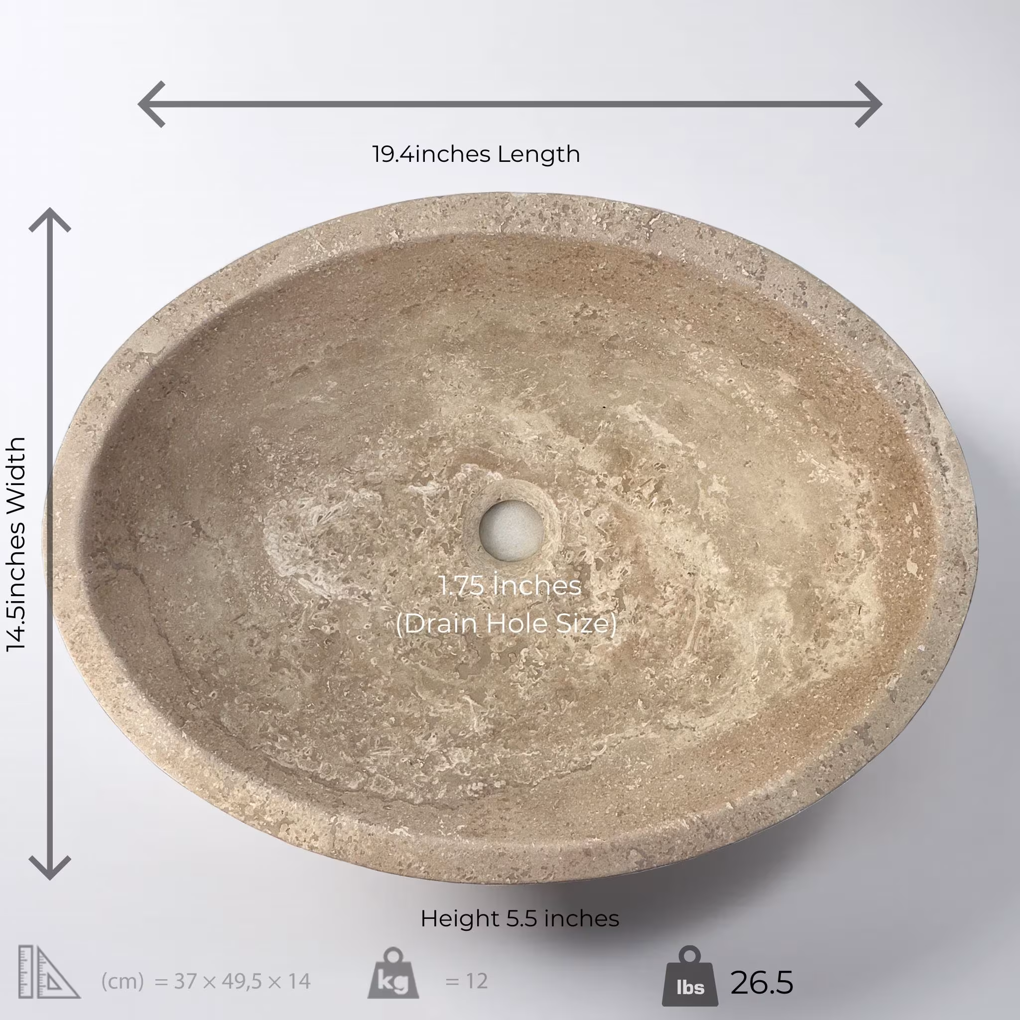 Handcrafted Travertine Marble Sink: Oval Bathroom Vessel Basin
