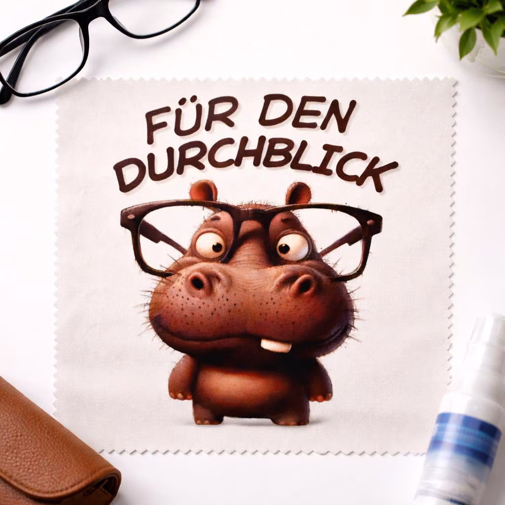 Funny eyeglass cleaning cloth “For Clear Vision” with a hippo motif – gift for eyeglass wearers – microfiber cloth for glasses & screen