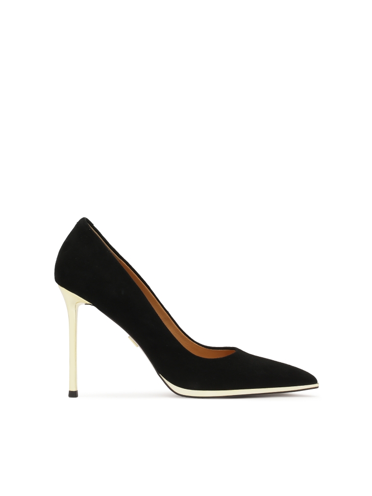 Black suede pumps with gold heel