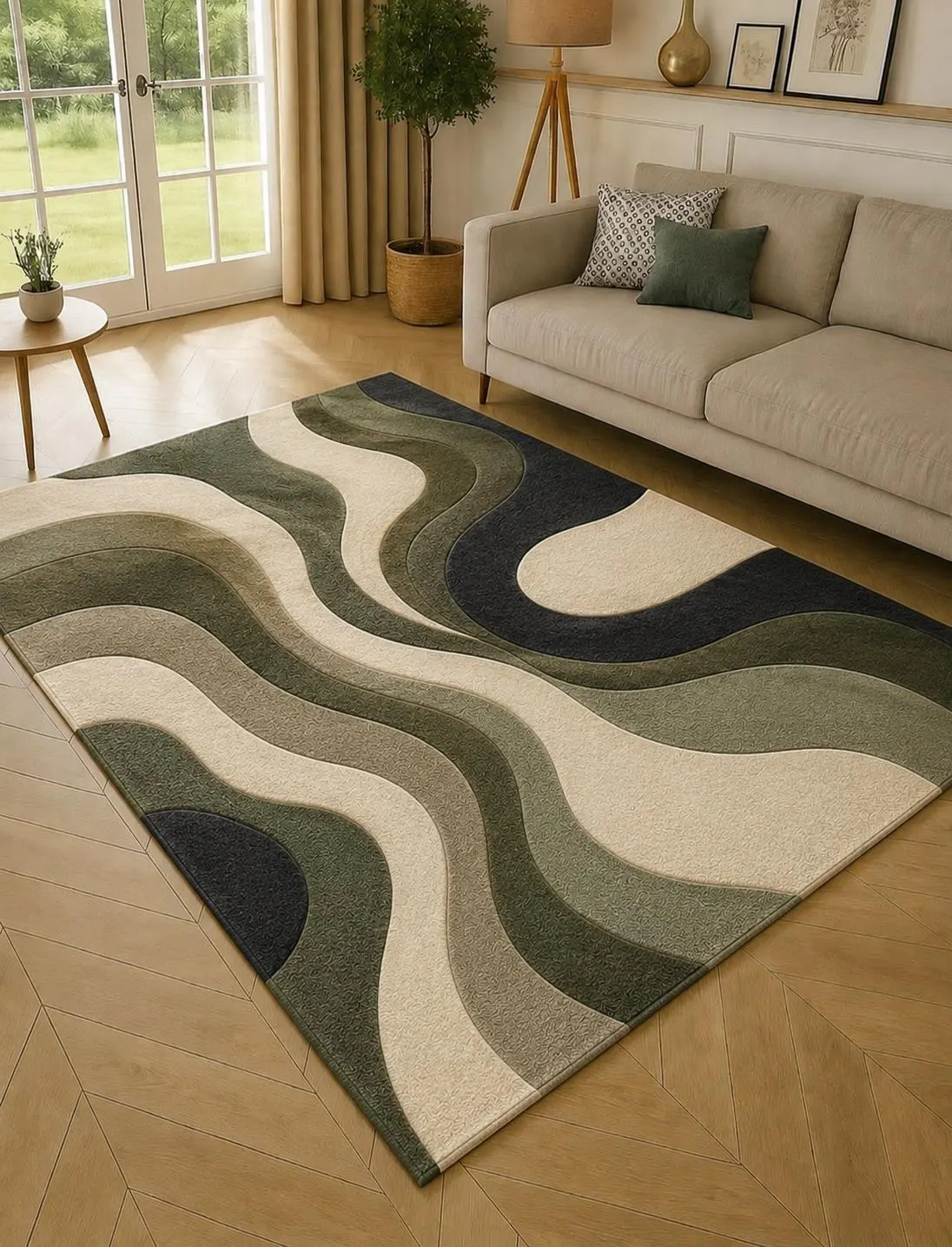 Modern Abstract Wave Rug, Olive Green Cream Area Rug, Luxury Contemporary Wool Rug, Neutral Living Room Decor