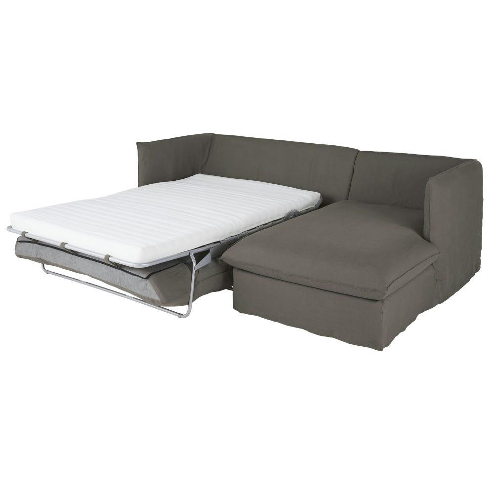 Louvain - Canapé d'angle droit convertible 3/4 places en lin supérieur gris, matelas 10 cm