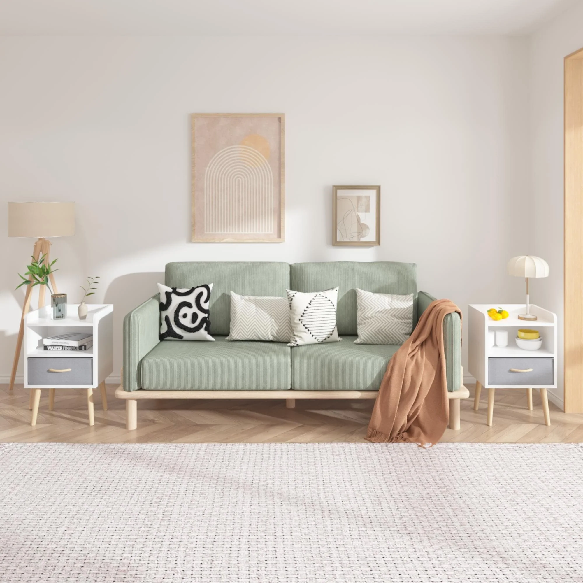 2PC Nightstand With Collapsible Fabric Drawer, 2-Tier Storage End Table, Wood Side Table with Storage Cabinet