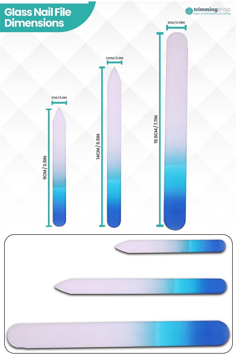 Neel Blue Turquoise Glass Nail File Set, Crystal Double Sided Etched Files- 3pcs
