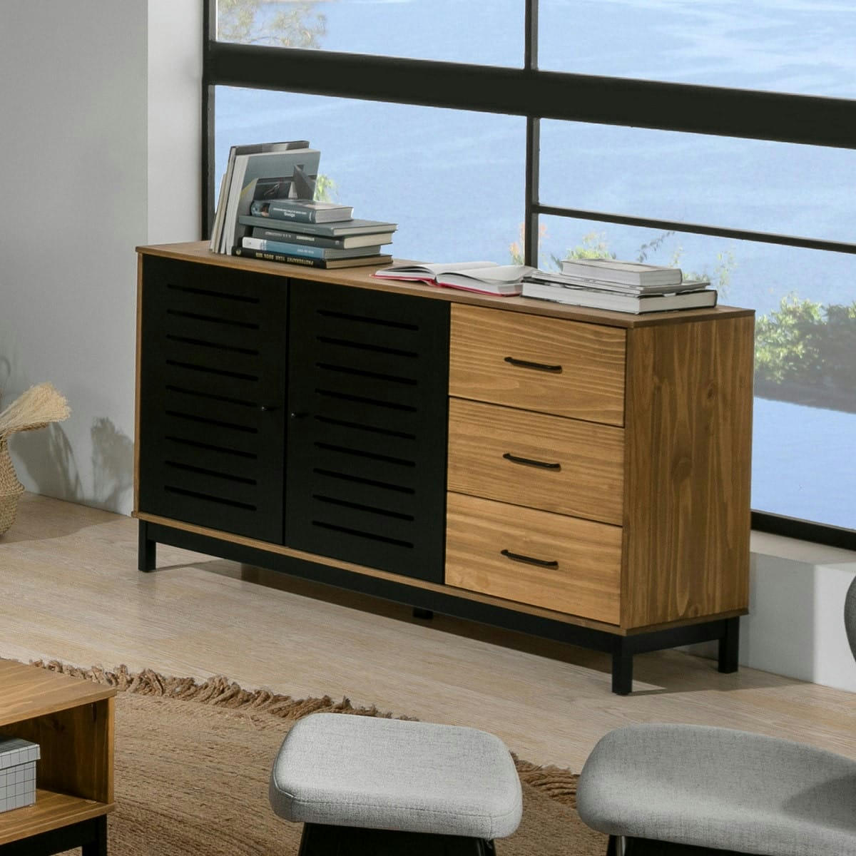 ROSA - Buffet 2 portes 3 tiroirs effet bois / noir 141 cm