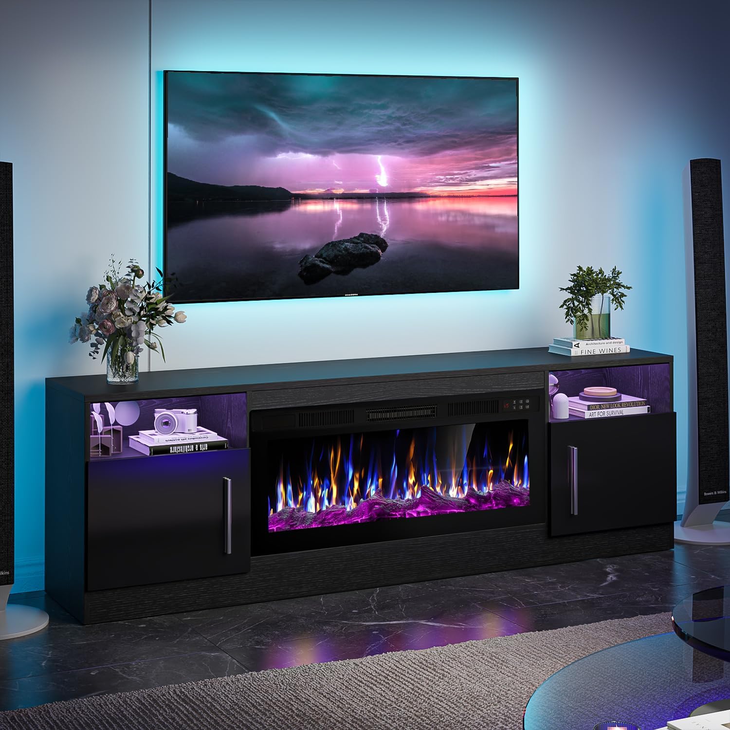 VITESSE Fireplace with TV Stand 36 inch Electric Fireplace Up to 80 TVs, LED Light Entertainment Center, 70 Modern Wood High Gloss with Highlight Storage Cabinet for Living Room (Black)