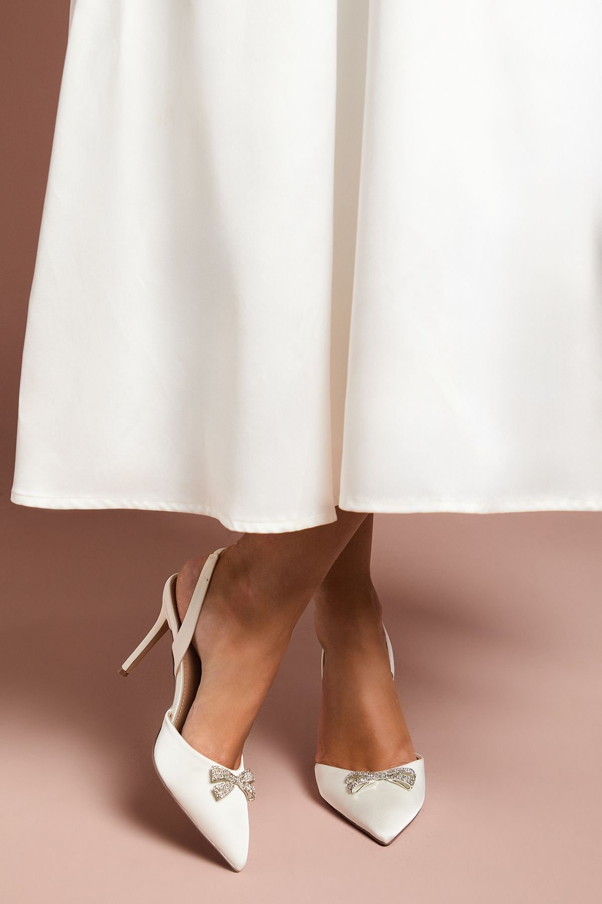 Coast Bridal Wide Fit Scarlett Satin Diamante Bow Brooch Slingback High Stiletto Heel Court Shoes