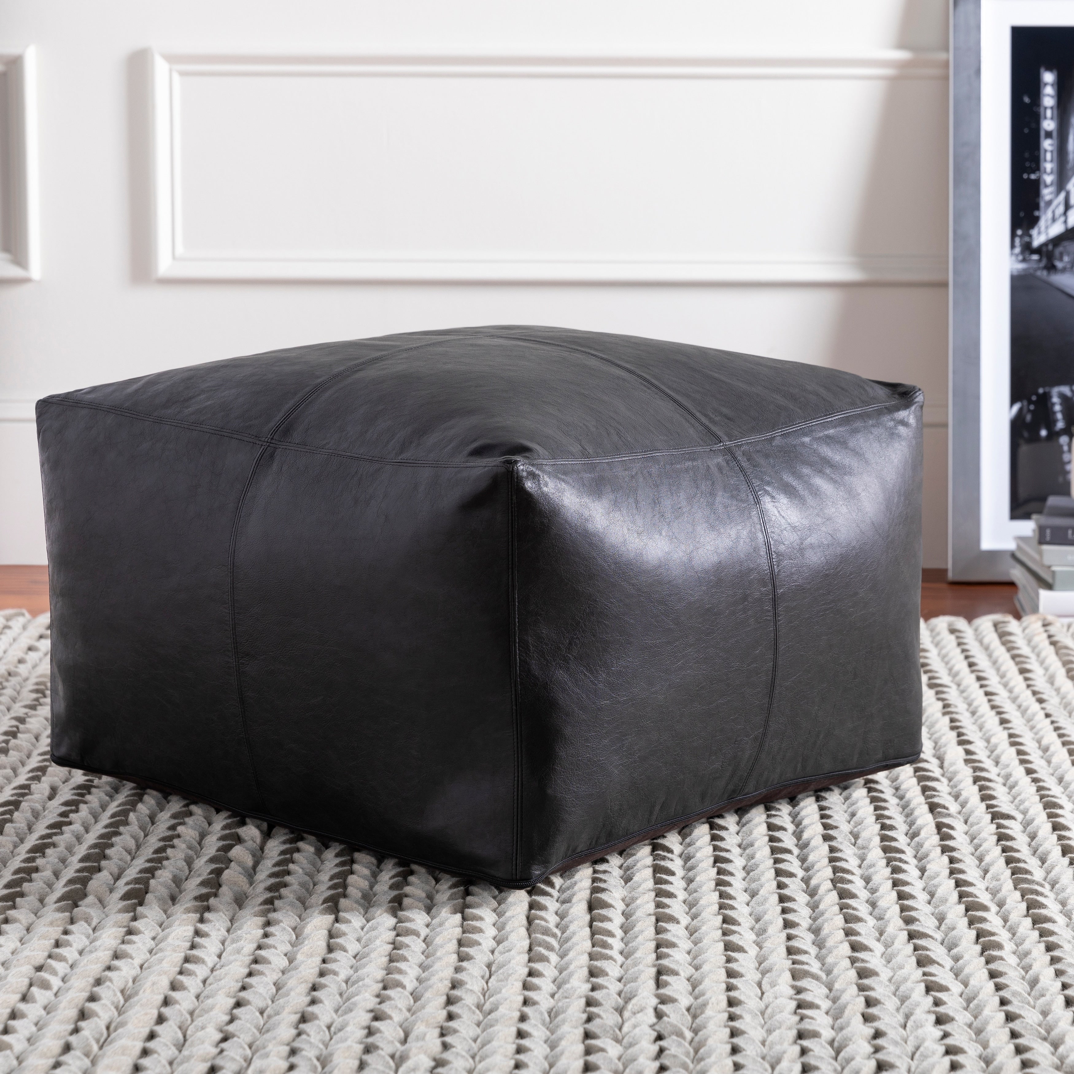 Carbon Loft Horn Stiched Leather 22-inch Square Pouf