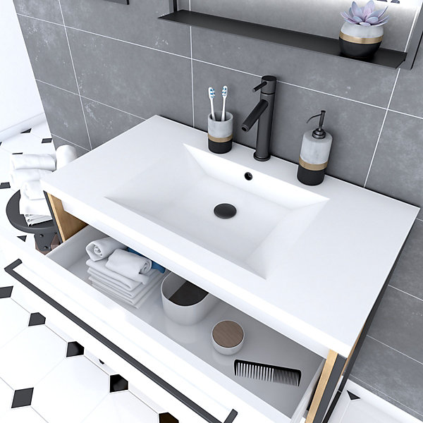 Ensemble Meuble de salle de bain blanc 80cm   vasque en résine blanche 80x50   tiroirs blanc mat