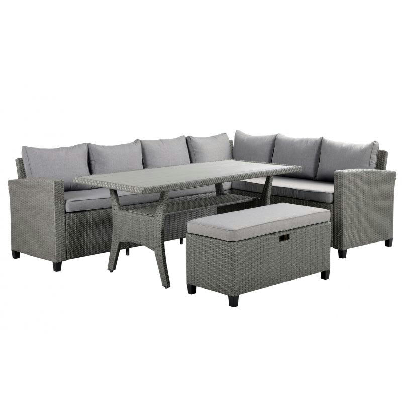 MELROSE - Salon de jardin en résine tressée 7 places coussins gris