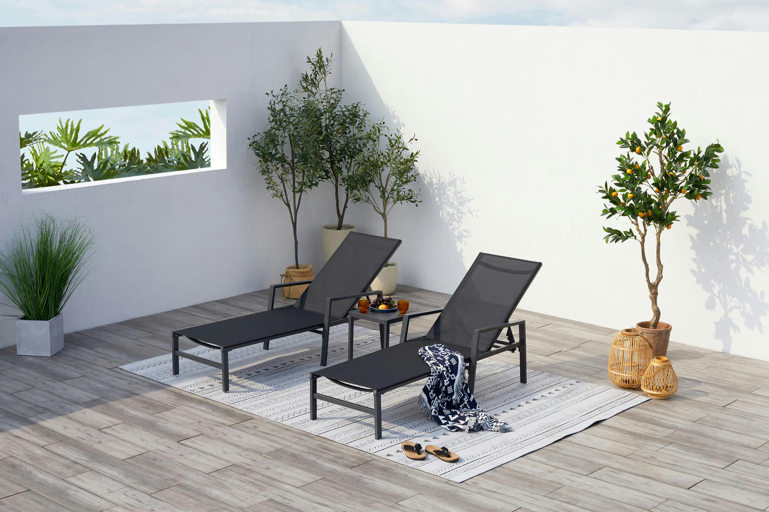 BARI - Lot de 2 transats et une table d'appoint noir