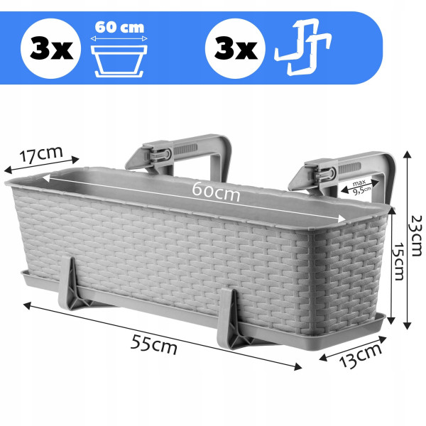 Kadax 3x Skrzynka Balkonowa 60cm   Uchwyty Szara
