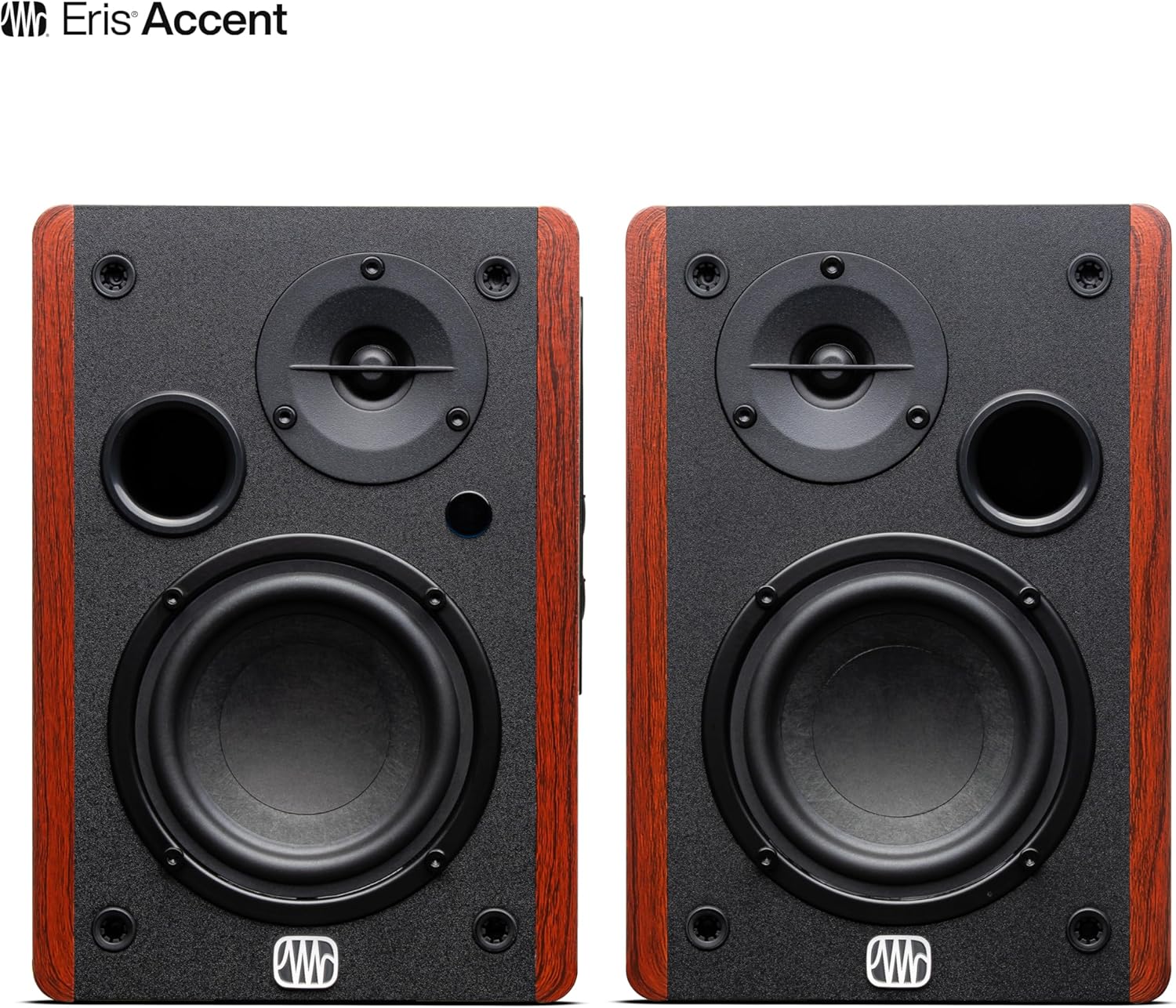 PreSonus Eris Accent Powered Bookshelf Speakers – 50W Wired Stereo Speakers for Record Player, Turntable, Desk & Home, Multiple Inputs, 4” Woofer, Studio Monitors, Tweeter, Remote, Sub Out, Wood Grain