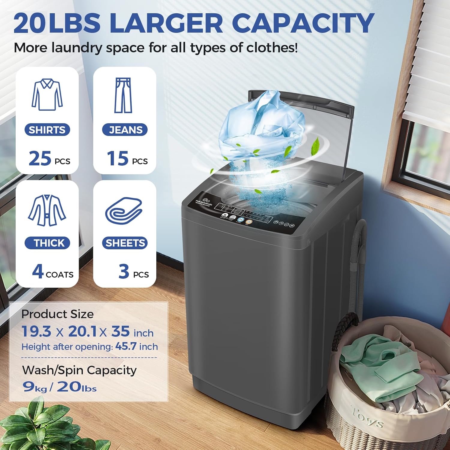 Nictemaw Portable Washing Machine 20Lbs Portable Washer Machine with Drain Pump, 2.8 Cu.ft Compact Washing Machine with 10 Programs 8 Water Levels Laundry Machine for Apartment, Home, Dorms, Rv