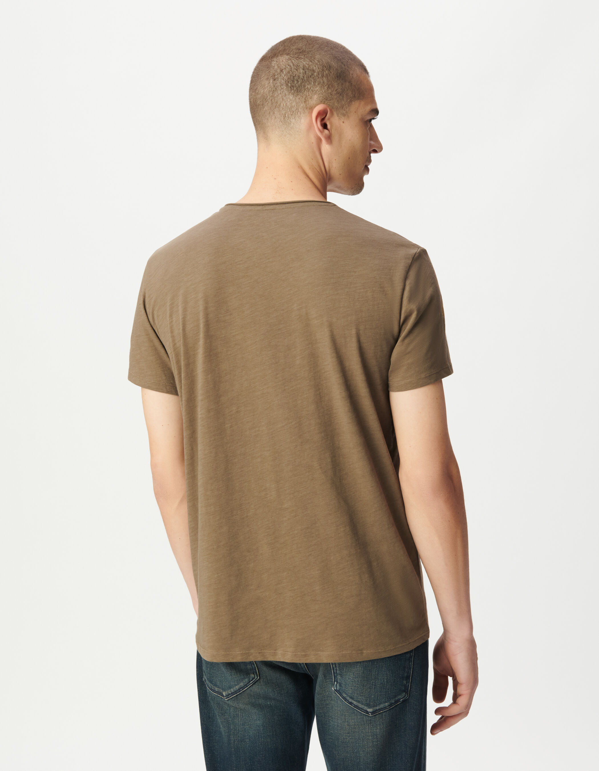 T-shirt encolure V bleu grisé coton bio flammé Homme
