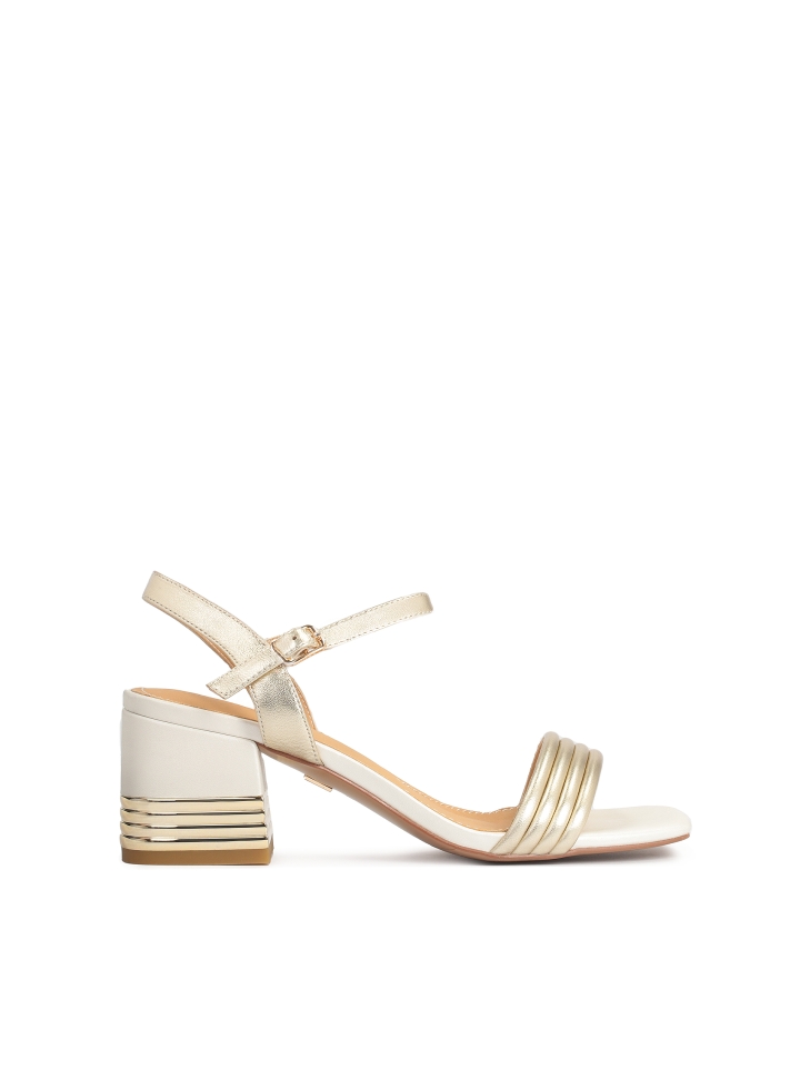 Golden-white leather sandals with decorated heel