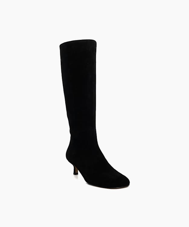 Searing Black - Suede Kitten Heel Knee High Boots
