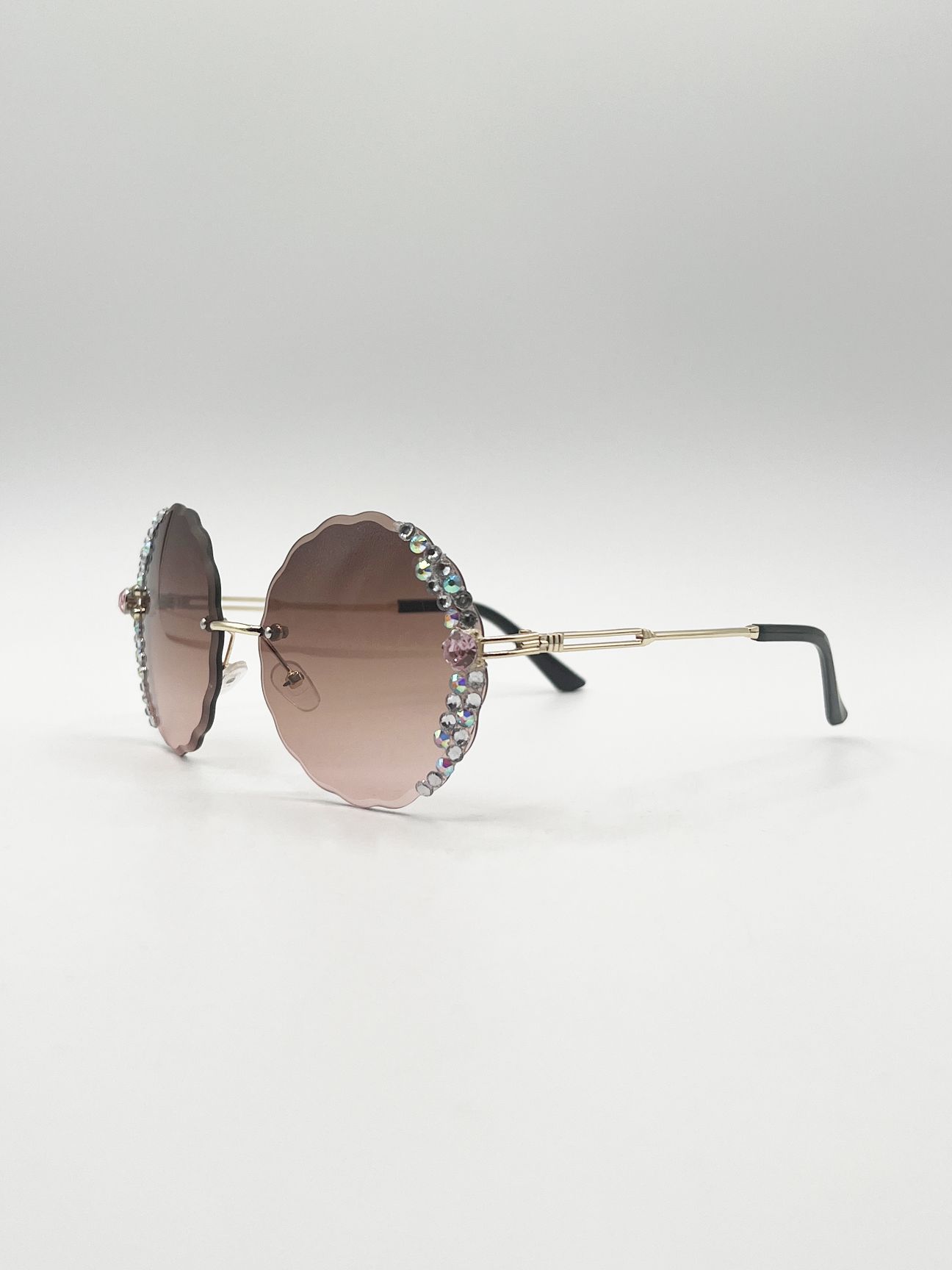 SVNX Oversized Round Frameless Sunglasses with Crystal Detail in Brown