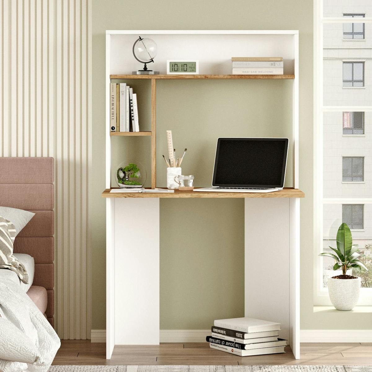 Bureau ado blanc décor bois avec rangement haut MARFA