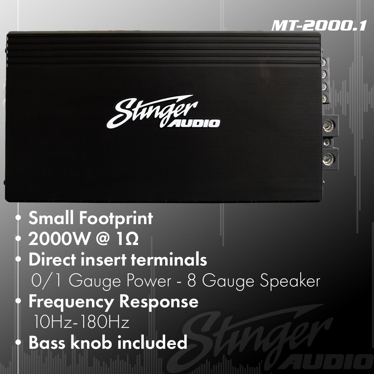 Stinger Audio MT20001 1-Channel Monoblock 2000 Watt RMS Car Audio Subwoofer Amplifier w/Remote Control Bass Knob  Class D  Hexfet Mosfet  Subsonic Filter  Low-Pass Filter  Bass Boost Q