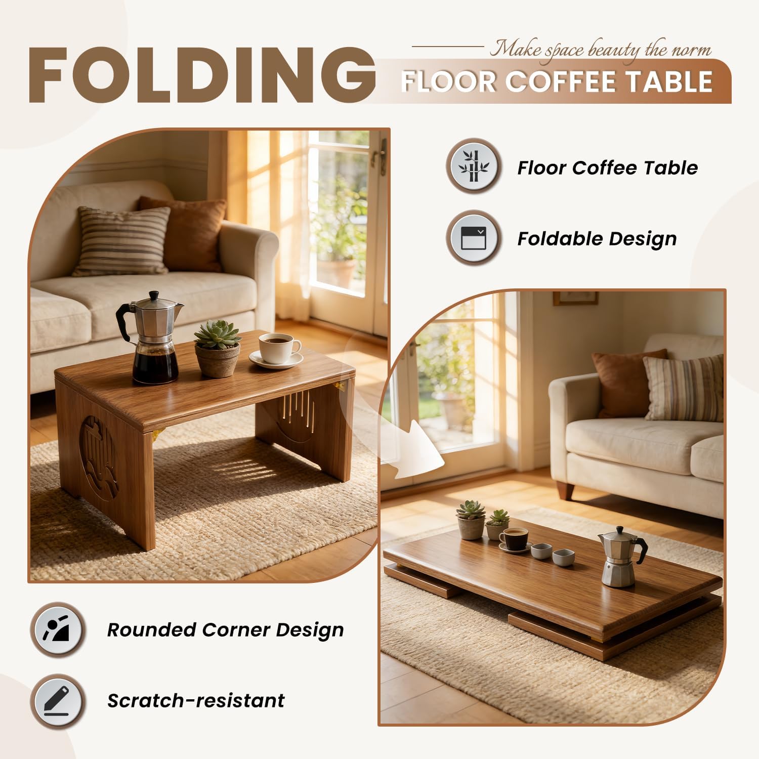 Folding Floor Coffee Table, Japanese Bamboo Foldable Tables, Portable Living Room Low Desk, Versatile Tatami Meditation Tea Table for Dining Room, Wooden Table Desk for Home, Office (100X37CM)