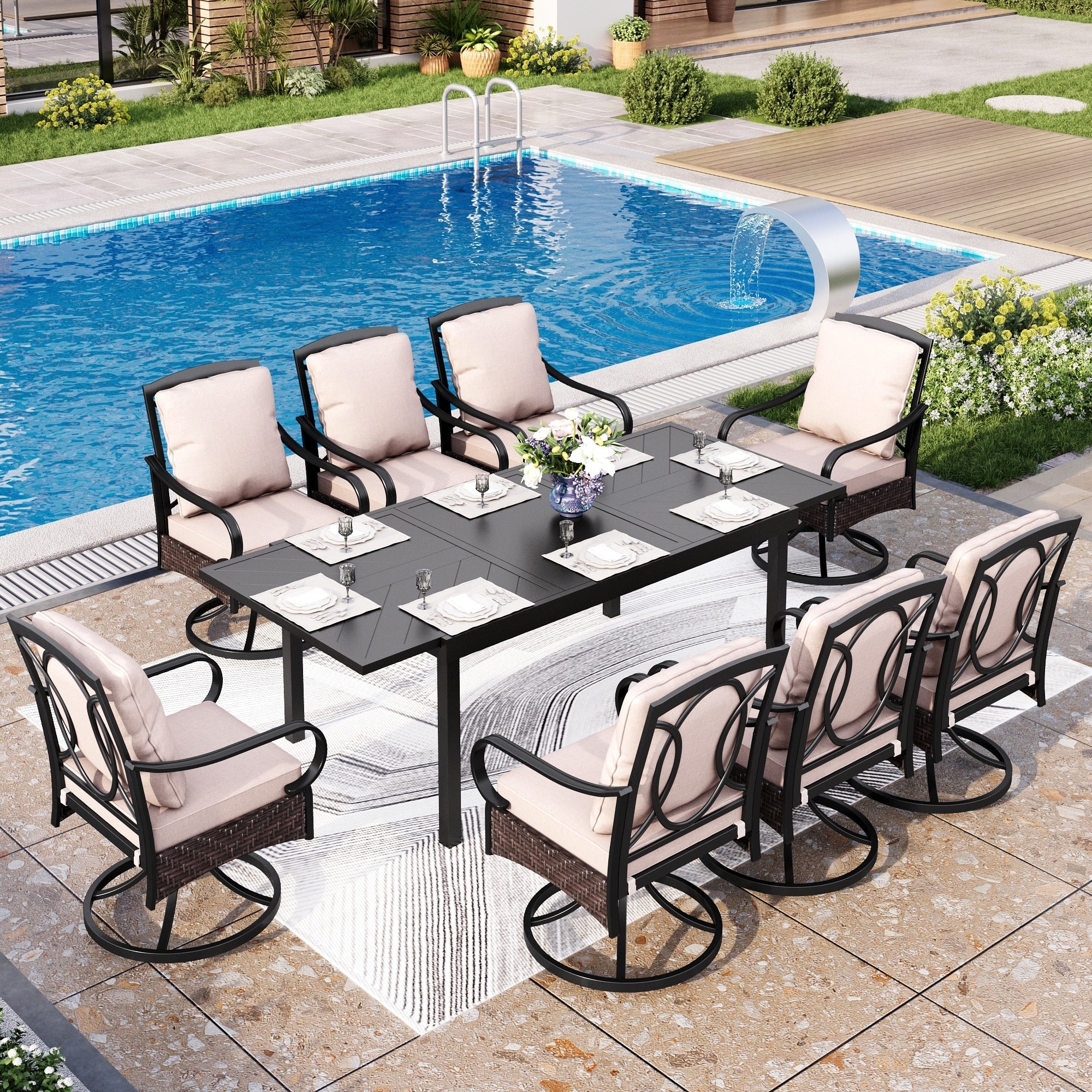 MAISON ARTS 9/7-Piece Patio Dining Set with 8/6 Rattan Swivel Chairs and a Expandable Dining Table