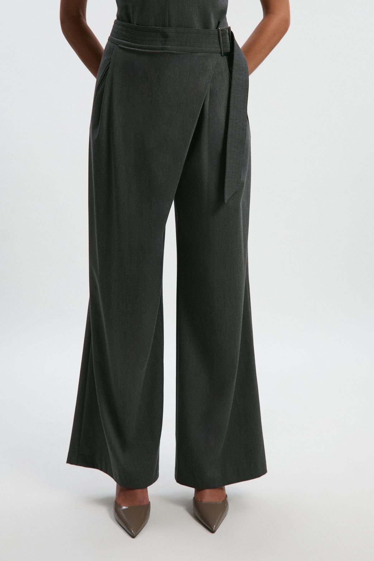 KarenMillen Petite Polished Viscose Belted Tailored Wide Leg