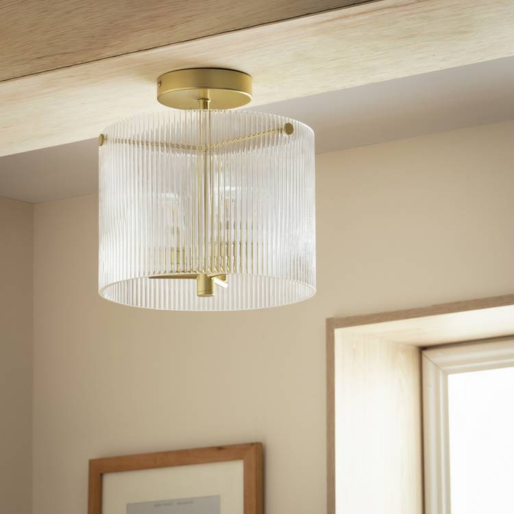 Habitat Ribbed Glass Flush Ceiling Light - Brass