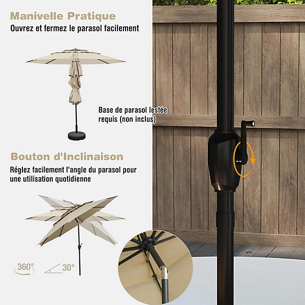 Parasol de Jardin Exterieur, Inclinable 3M avec Angle Réglable, Protection Solaire, Toit Triplé, Manivelle, pour Terrasse (Beige)