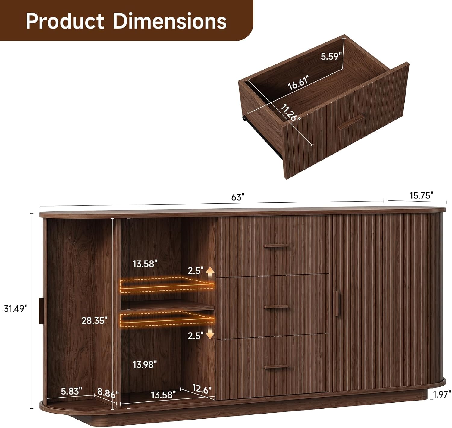 ONBRILL 63 Fluted Sideboard Buffet Cabinet with 3 Drawers & 2 Doors, Mid-Century Modern Buffet Sideboard Cabinet with Storage, Coffee Bar Table with Adjustable Shelf for Kitchen, Living Room, Walnut