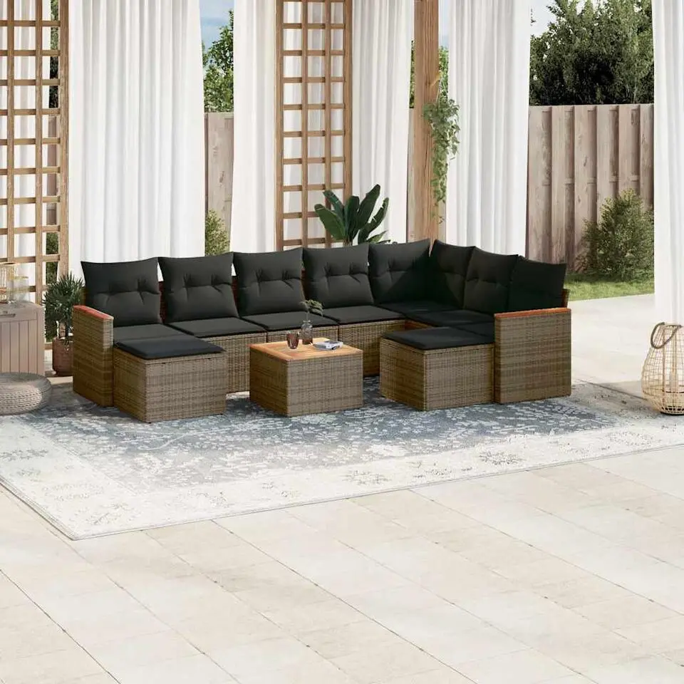 vidaXL Loungeset voor 9 met kussens & krukken - Gris - Poly rattan - 10 stuks
