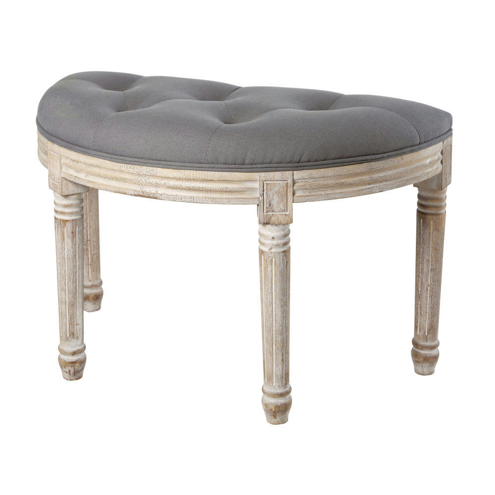 - Tabouret arrondi matelassé en bois d'hévéa, coton et lin gris