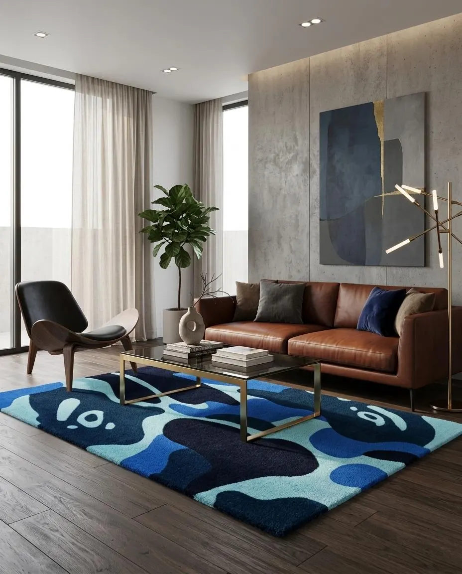 Hand Tufted Wool Abstract Rug, Navy Blue Organic Shapes, Modern Artistic Carpet