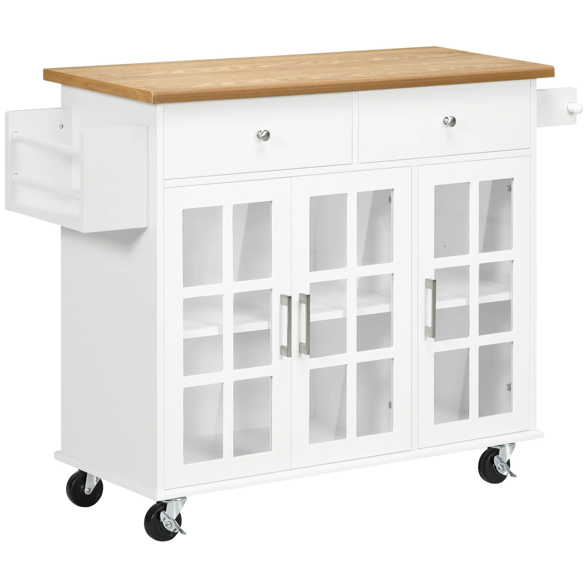 HOMCOM Rolling Kitchen Island with Storage, Utility Kitchen Cart with 2 Drawers, 2 Cupboards, White