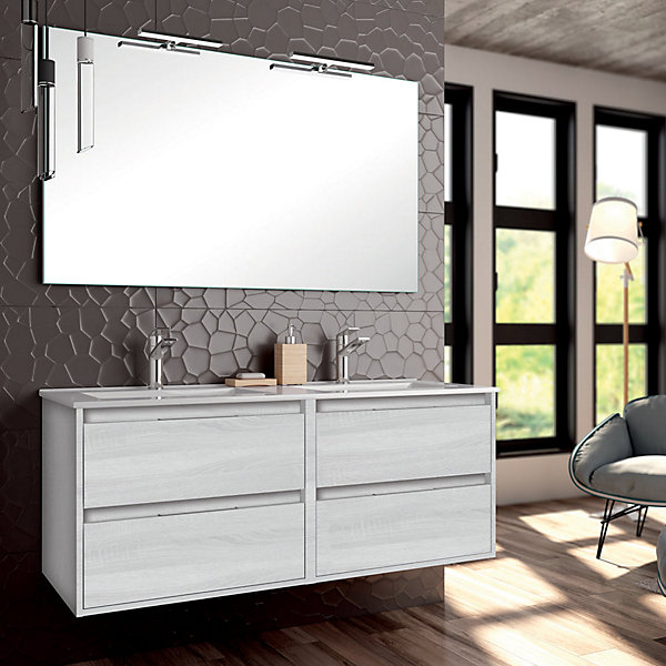 Ensemble meuble de salle de bain 120cm double vasque   colonne de rangement IRIS - hibernian (bois blanchi)