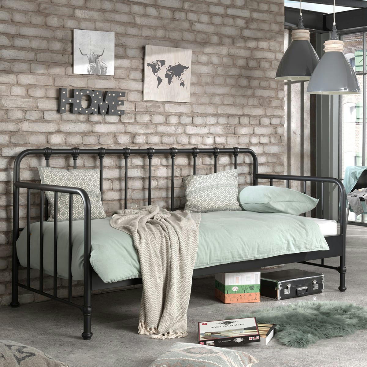 BRONXX - Lit banquette 90x200 sommier inclus noir