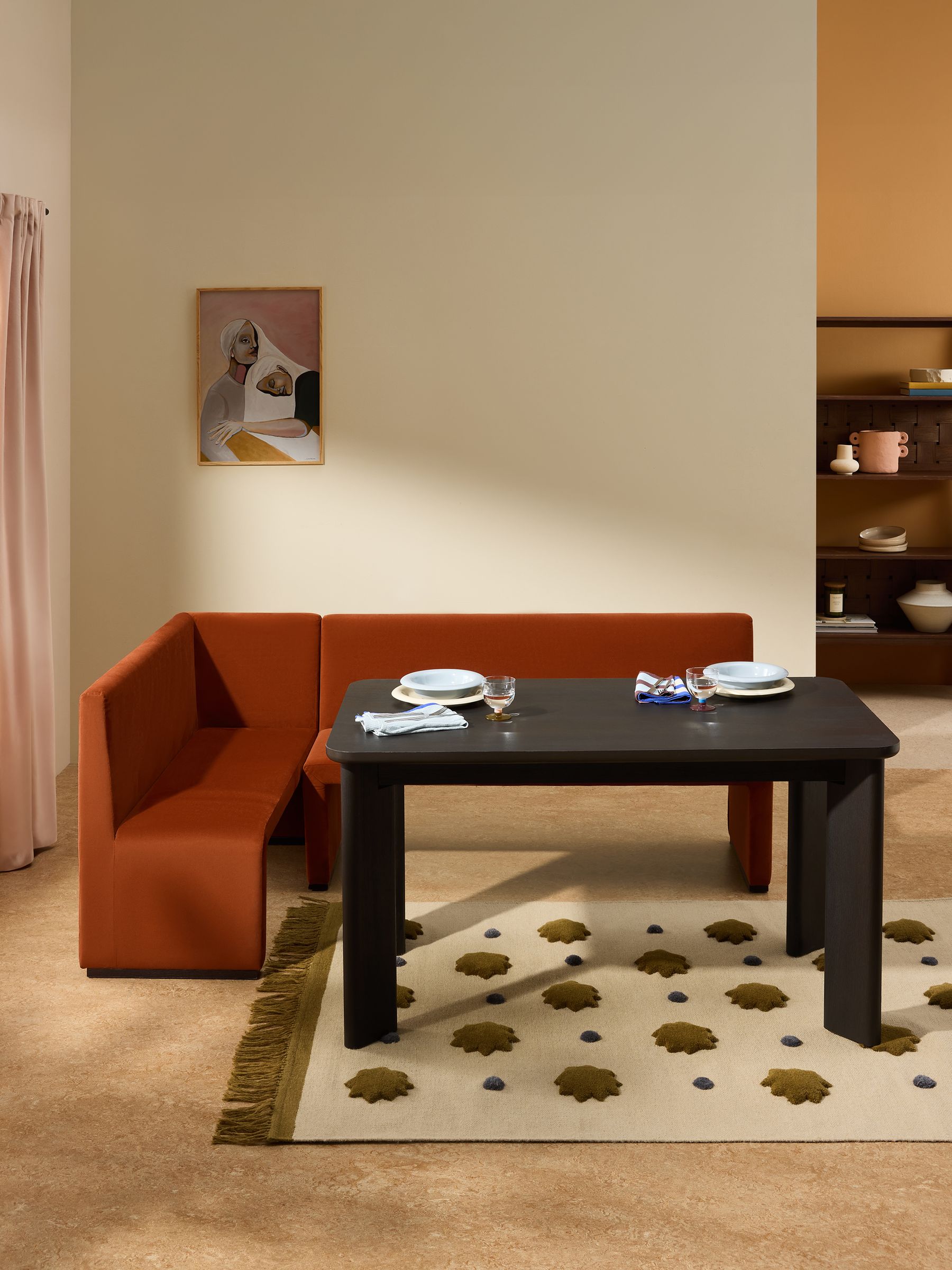 Left Hand Corner Corner Bench and Dining Table Set in Rust Red Velvet
