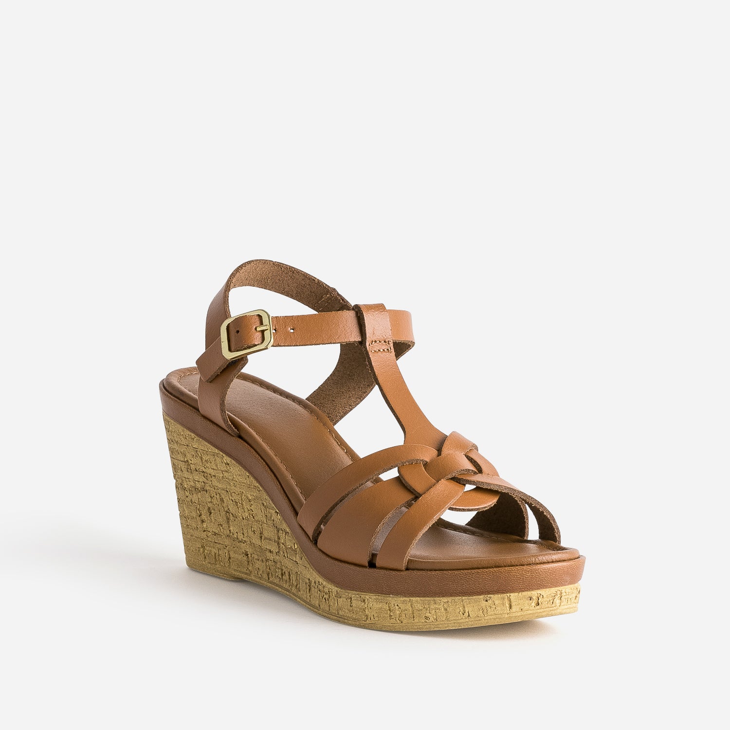 Sandale compensée cognac en cuir